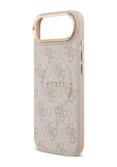 Apple Uyumlu iPhone 17 Air Kılıf Guess Lisanslı M-safe Şarjlı Gold Kamera Çerçeveli Pu Deri Yazı Logolu Pembe