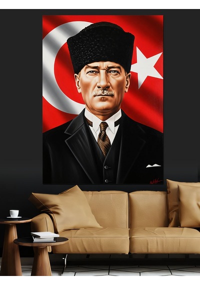 Ahşap Tablo Bayrak Önünde Atatürk Portresi