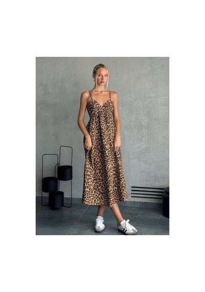 Butik İstanbul Kadın Ip Askılı V Yakalı Uzun Desenli Süprem Elbise Leopar