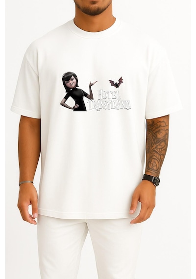 Bahriyeli Collection Oversize Mavis Count Dracula Hotel Transylvania Göğüs Tasarımlı Unisex T-shirt Beyaz