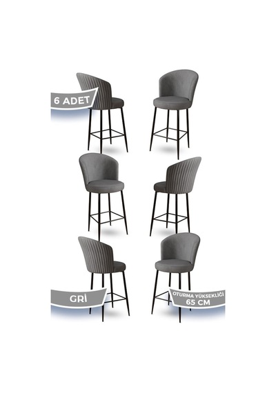 Canisa Alte Serisi 6 Gri Sandalye 65 Cm Ada Mutfak Bar Sandalyesi Babyface Kumaş Siyah Metal Ayaklı Sandalyeler Gri Ayaklar Siyah