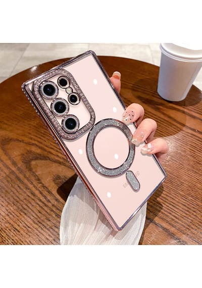 Samsung Galaxy S26 Ultra Uyumlu Şeffaf Taşlı Magsafe Özellikli Kılıf Rose Pembe