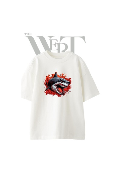 Thewert Aggressive Shark Tasarım Baskılı Ünisex Beyaz Oversize T-shirt