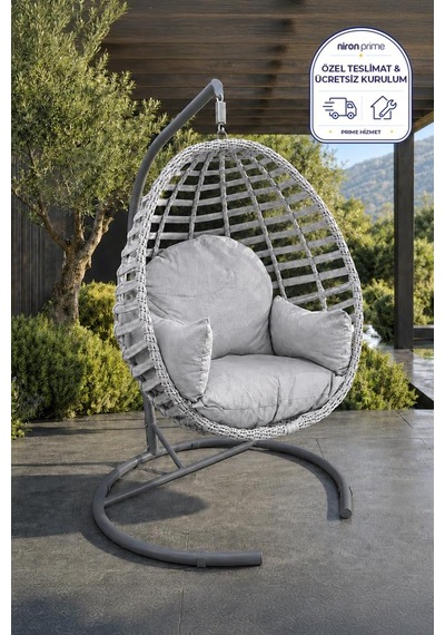 Niron Royal Rattan Bahçe Salıncağı Gri - Minderli Modern Salıncak