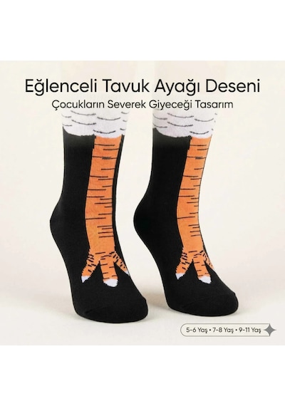 Tavuk Ayağı Desenli Çocuk Çorap Siyah Turuncu Eğlenceli Hayvan Figürlü Yumuşak Dokulu Günlük Çorap