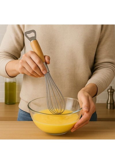 Ahşap Saplı Paslanmaz Çelik Lüx Kalın Telli Çırpıcı Yumurta Kek Pasta Çırpma Teli - Şişe Açacaklı Çe Diğer