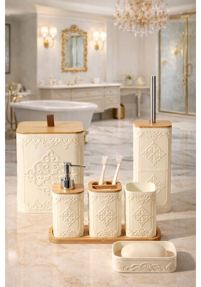 Makri Home Desenli 7 Parça Bambu Kapaklı Ve Aksesuarlı Banyo Seti Gri
