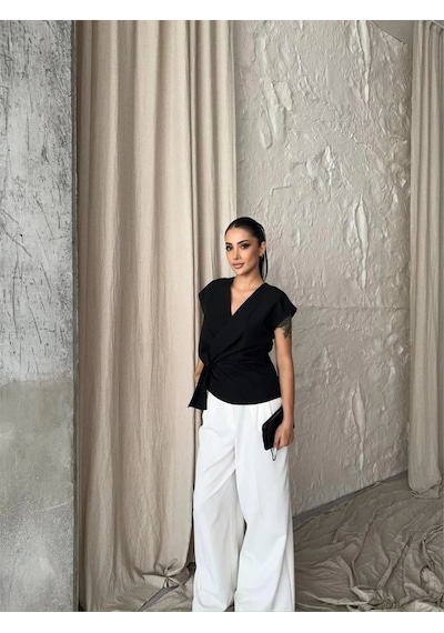 Defymoda Yandan Bağlama Detaylı Kolsuz Bluz - Siyah Siyah