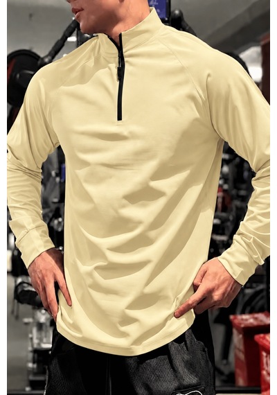Genius Store Erkek Yarım Fermuarlı Compression Uzun Kol Spor Tişört Ve Fitness Tişörtü Dalgıç-uzun Bej