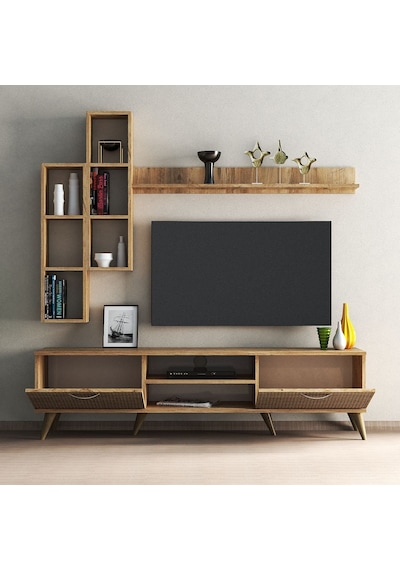 Mega 180 lik Kitaplıklı Raflı Tv Ünitesi Çam Hazeran Kapaklı - TV