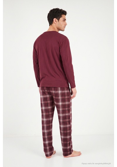 Buratti Ekoseli Pamuklu Bisiklet Yaka Pijama Takımı Erkek Pijama Takımı 6575007 Bordo