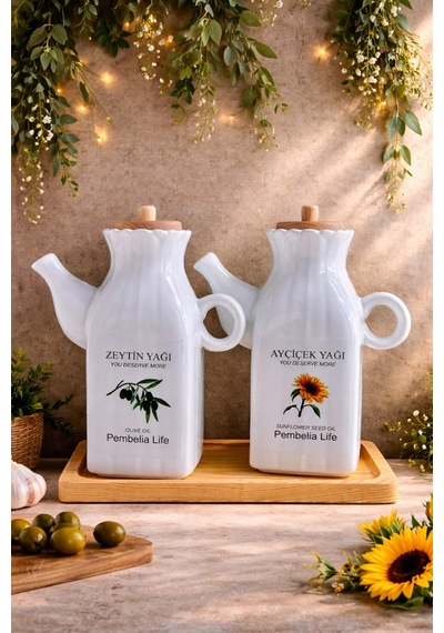 Bambu Standlı Etiketli Kare 2 Li Porselen 1000 Ml Yağdanlık Seti Yağlık Takımı Beyaz Beyaz