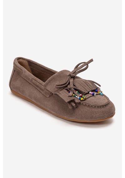 Luvishoes Evelyn Vizon Süet Hakiki Deri Püsküllü Boncuklu Kadın Loafer Ayakkabı
