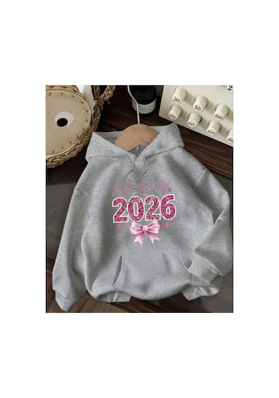 Herkesemoda 2026 Yazı Baskı Detaylı Kapüşonlu Sweatshırt Gri
