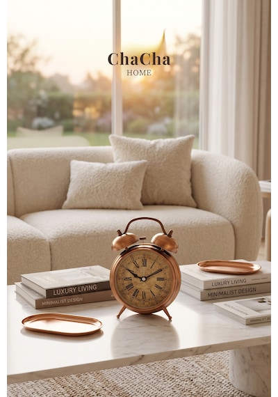 Chacha Home Eterna Bell Vintage Metal Çalar Saat & Premium Masaüstü Dekoratif Obje 22x16 Cm Metalik