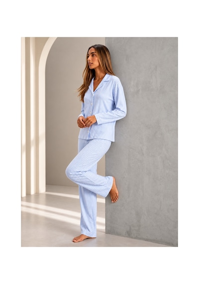 Womanandkids Mavi Kadın Önden Düğmeli Uzun Kollu Pijama Takımı