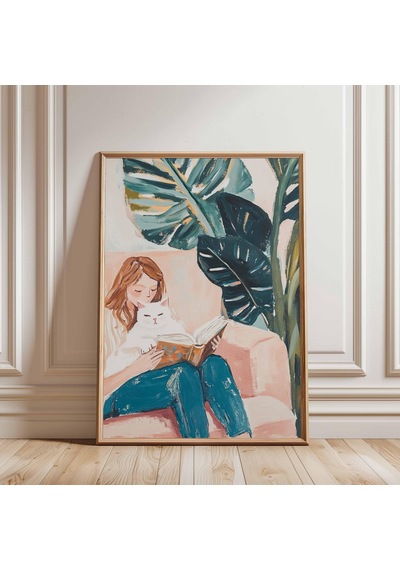Beyaz Kediyle Kitap Okuyan Kız Posteri Botanik Temalı Oturma Odası Sanat Baskısı