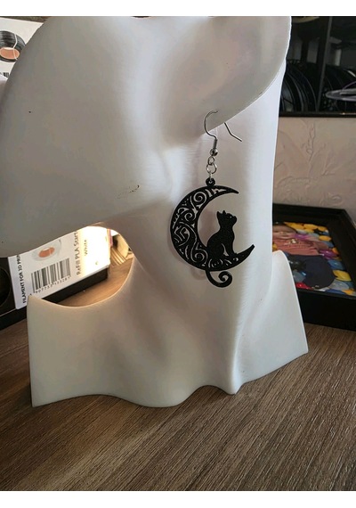 Mistik Ay Ve Kedi Küpe Çifti - Gotik Estetik Siyah Desenli Gece Temalı Aksesuar Siyah
