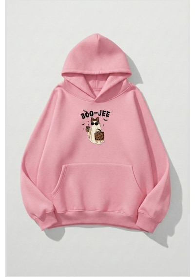 Uyguntarz Unisex Yumuşak Dokulu Boo-jee Ghost Baskılı Tasarım Oversize 3 İplik Hoodie Sweatshirt Pembe