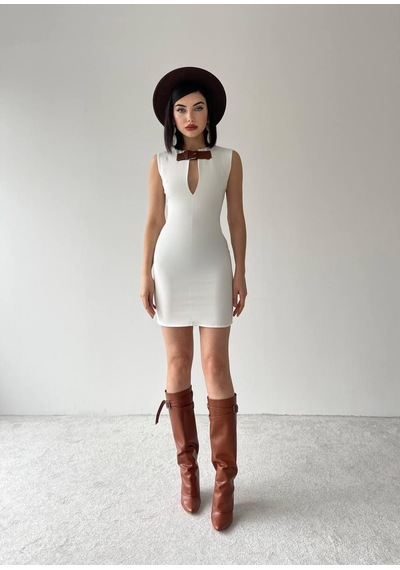 Dogutrend Nadia Kemerli Mini Elbise Beyaz