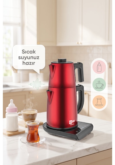 Egetürk TeaDem Vox Konuşan Dokunmatik Çay Makinesi Mama Suyu Hazırlama 1850W 1.7L Kettle 1.2L Demlik Kırmızı
