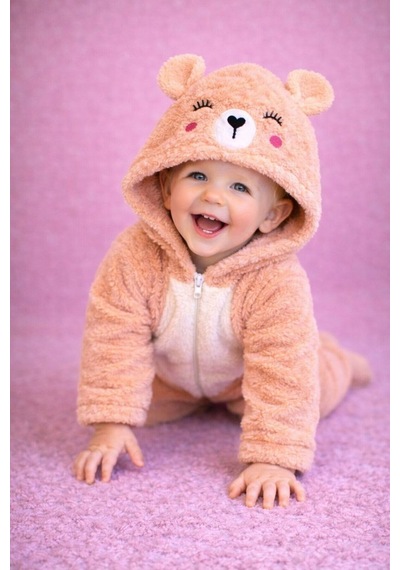 Kışlık Tatlı Ayıcık Figürlü Kapüşonlu Peluş Bebek Tulum Somon