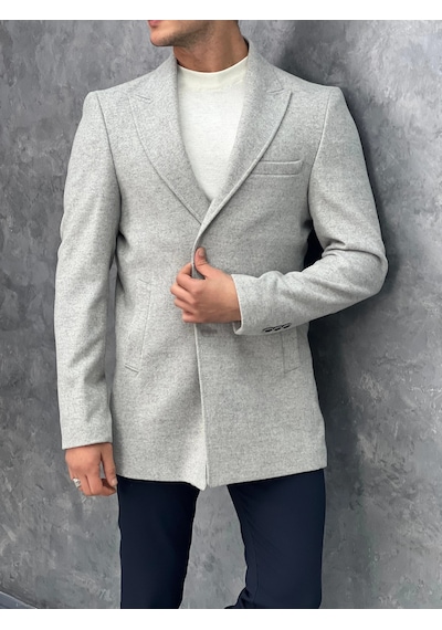 Modefendi Slim Fit İtalyan Kesim Keçe Kaşmir Kaban Gri