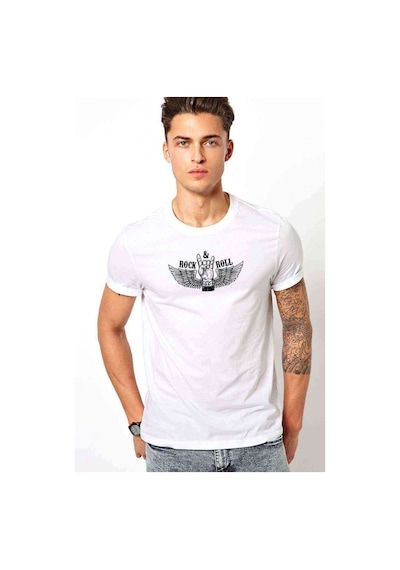 Rock & Roll Kanatlı Baskılı Beyaz Erkek Tshirt