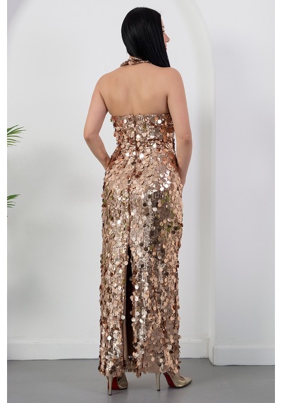 Kalopya Halter Yaka Büyük Pullu Elbise Abiye Ecr6094 Gold