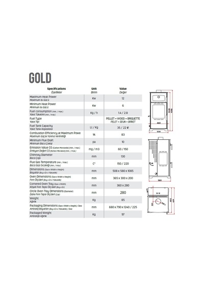 GOLD PLUS 12 KW KUZİNE / MANUEL PELET VE ODUN SOBASI / BABA'S STOVE