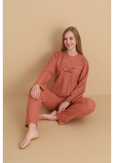Wordex Mırano 3150 Selanik Kumaş Kışlık Kalın Kumaşlı Kadın Pijama Takımı Kiremit