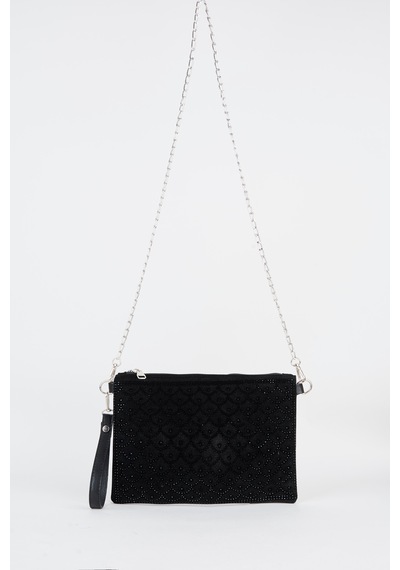 Vivaq Kadın Balık Siyah Taşlı Süet Bilek Askılı Ve Zincir Askılı Portföy El Ve Clutch Çanta SİYAH