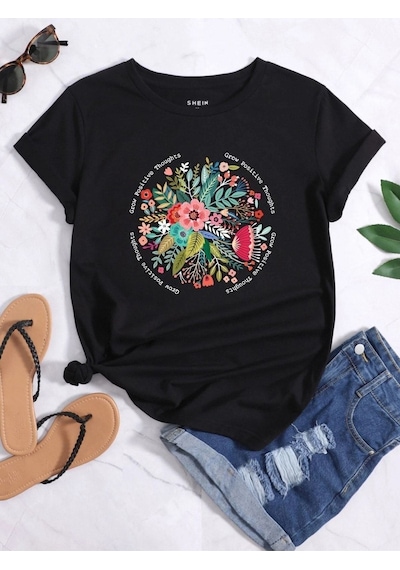 Unisex Siyah Oversize Grow Flowers Baskılı Örme T-shirt Siyah