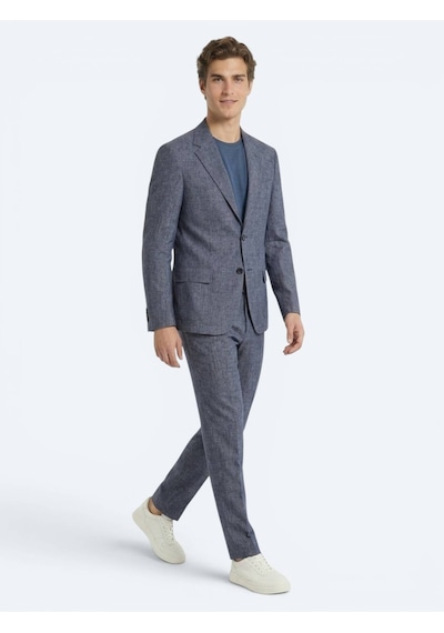 Kip Mavi Desenli Modern Fit Keten Karışımlı Takım Elbise