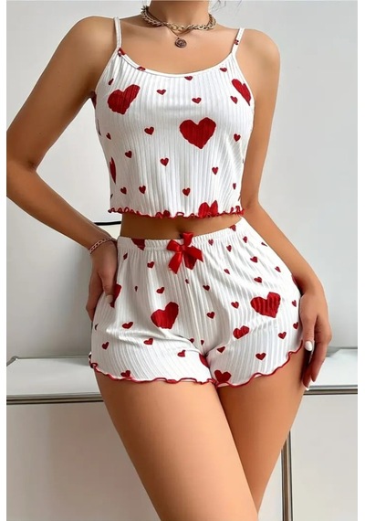 Bella Notte Pamuklu İp Askılı Kalp Desenli Pijama Takımı Kırmızı