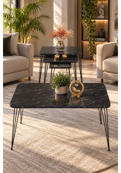 Odera Bendir Siyah Mermer Desenli Orta Sehpa Ve Zigon Sehpa 4'lü Set Siyah Metal Ayaklı Modern Salon Sehpası Diğer
