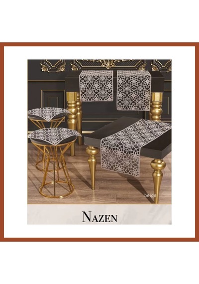 Bezos Salon Takımı Nazen Model Bej 5 Parça Tül İşlemeli Runner Seti Pro
