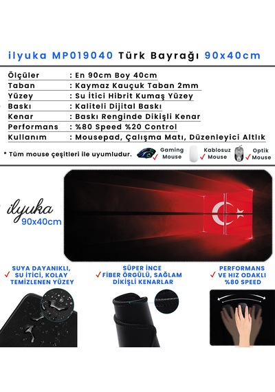 90x40cm Türk Bayrağı Xxl Büyük Boy İlyuka Gaming Oyuncu Mousepad