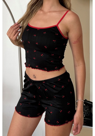 Giysa Kadın Askılı Kaplı Kiraz Desenli Şortlu Pijama Takımı Siyah - 3403
