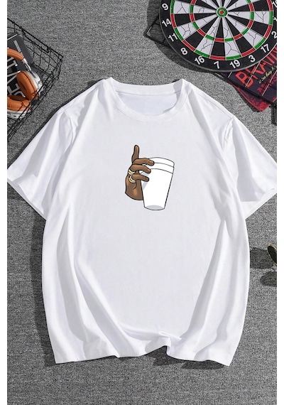 Unisex Tupac Coffee Baskılı T-shirt Beyaz