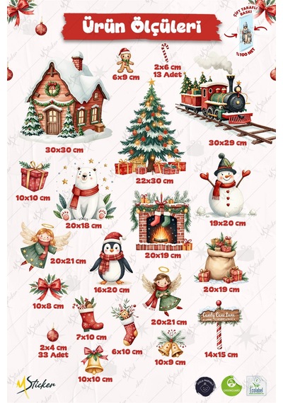 Christmas Yılbaşı Cam Sticker Seti 60+ Parça Çift Taraflı Baskı, Suya Dayanıklı, Kar Tanesi & Noel Dekoru Dijital Baskı