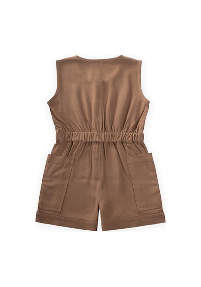 Cigit Yanları Cepli Kısa Boy Keten Tulum 2-7 Yaş Caramel Karamel