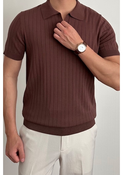Tarz Cool Erkek Mat Kahverengi Slim Fit Fitilli Polo Yaka Triko T-shirt Mat Kahverengi