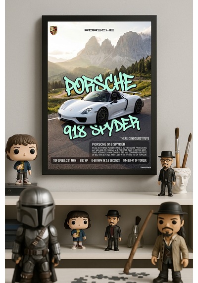 Porsche 918 Spyder Siyah Ahşap Çerçeveli Poster, Dekoratif Araba Duvar Tablosu
