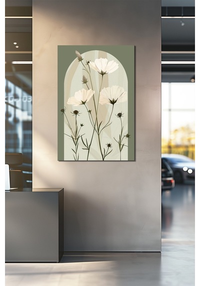 Minimalist Çiçek Baskılı Cam Tablo Yeşil Zemin Beyaz Çiçek Desenli Modern Dekor