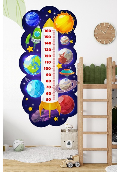 Gezegenler Temalı Dekoratif Çocuk Boy Ölçer Sticker Duvar Cetveli Takip Çizelgesi Figür 2 Lacivert