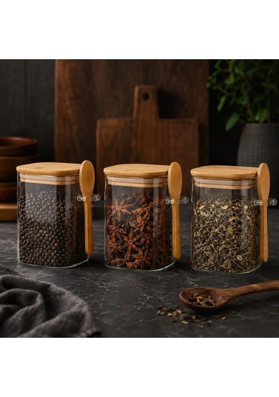 3'lü 500 Ml Kaşıklı Cam Kavanoz Seti, Bambu Kapaklı Şeffaf Baharatlık Ve Saklama Kabı, Kahve Çay Şeker Tuz Ve Kuru Gıda İçin Çok Renkli