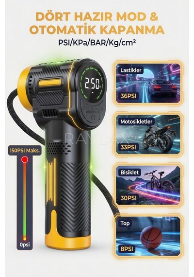 Hava Kompresörü Kablosuz Dijital Şarjlı Mini Lastik Şişirme Pompası Led Işıklı Taşınabilir 150 Psı