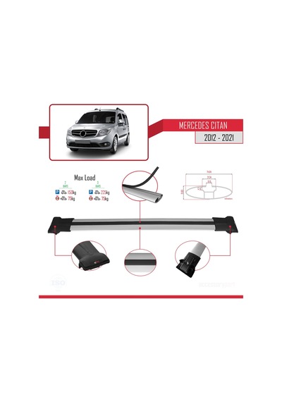 Mercedes Citan 2012-2021 Arası İle Uyumlu Fly Model Ara Atkı Tavan Barı Gri