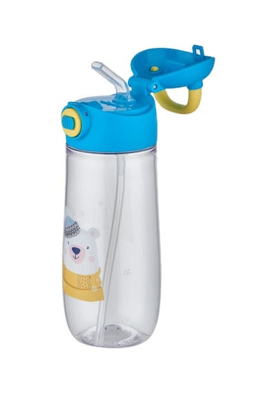 550 Ml Pipetli Desenli Çocuk Su Matarası Kilitli Kapak Taşıma Kulplu Mavi